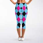 Blue Pink And Black Argyle Pattern Print Women's Capri Leggings