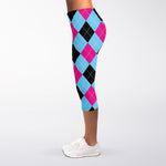 Blue Pink And Black Argyle Pattern Print Women's Capri Leggings