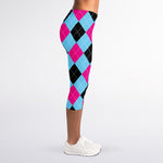 Blue Pink And Black Argyle Pattern Print Women's Capri Leggings