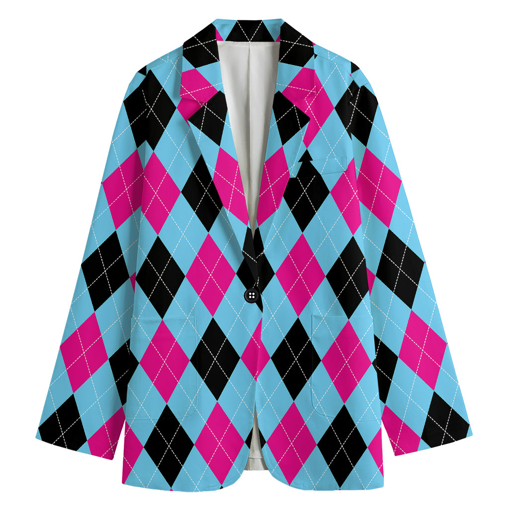 Blue Pink And Black Argyle Pattern Print Women's Cotton Blazer