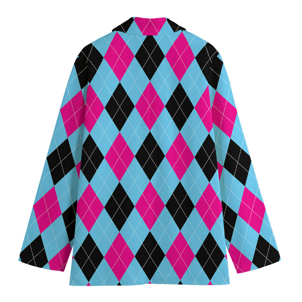 Blue Pink And Black Argyle Pattern Print Women's Cotton Blazer