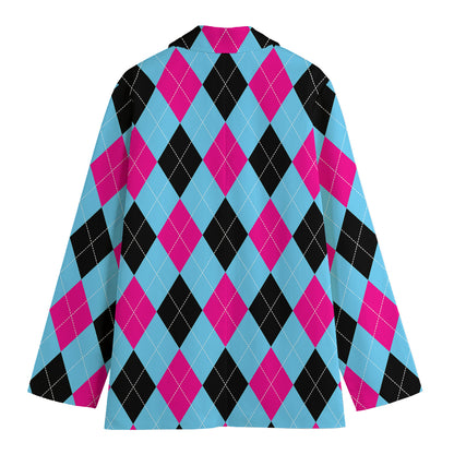 Blue Pink And Black Argyle Pattern Print Women's Cotton Blazer