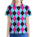 Blue Pink And Black Argyle Pattern Print Women's Polo Shirt