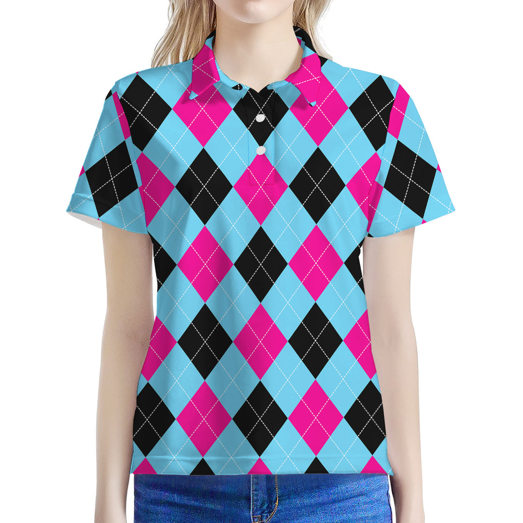 Blue Pink And Black Argyle Pattern Print Women's Polo Shirt