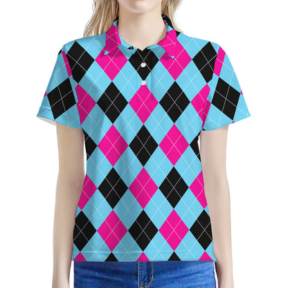 Blue Pink And Black Argyle Pattern Print Women's Polo Shirt