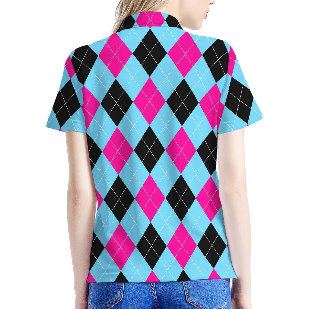 Blue Pink And Black Argyle Pattern Print Women's Polo Shirt