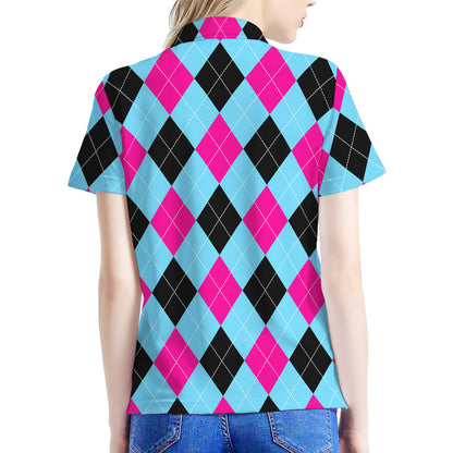 Blue Pink And Black Argyle Pattern Print Women's Polo Shirt