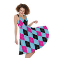 Blue Pink And Black Argyle Pattern Print Sleeveless Knee Length Dress