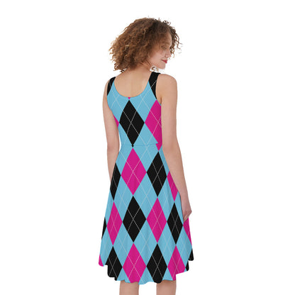 Blue Pink And Black Argyle Pattern Print Women's Sleeveless Dress