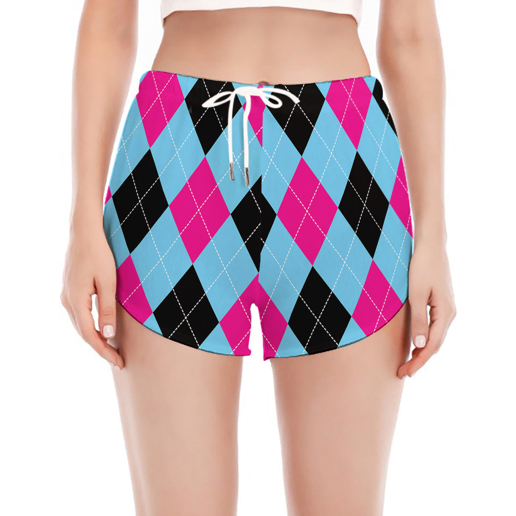 Blue Pink And Black Argyle Pattern Print Women's Split Running Shorts