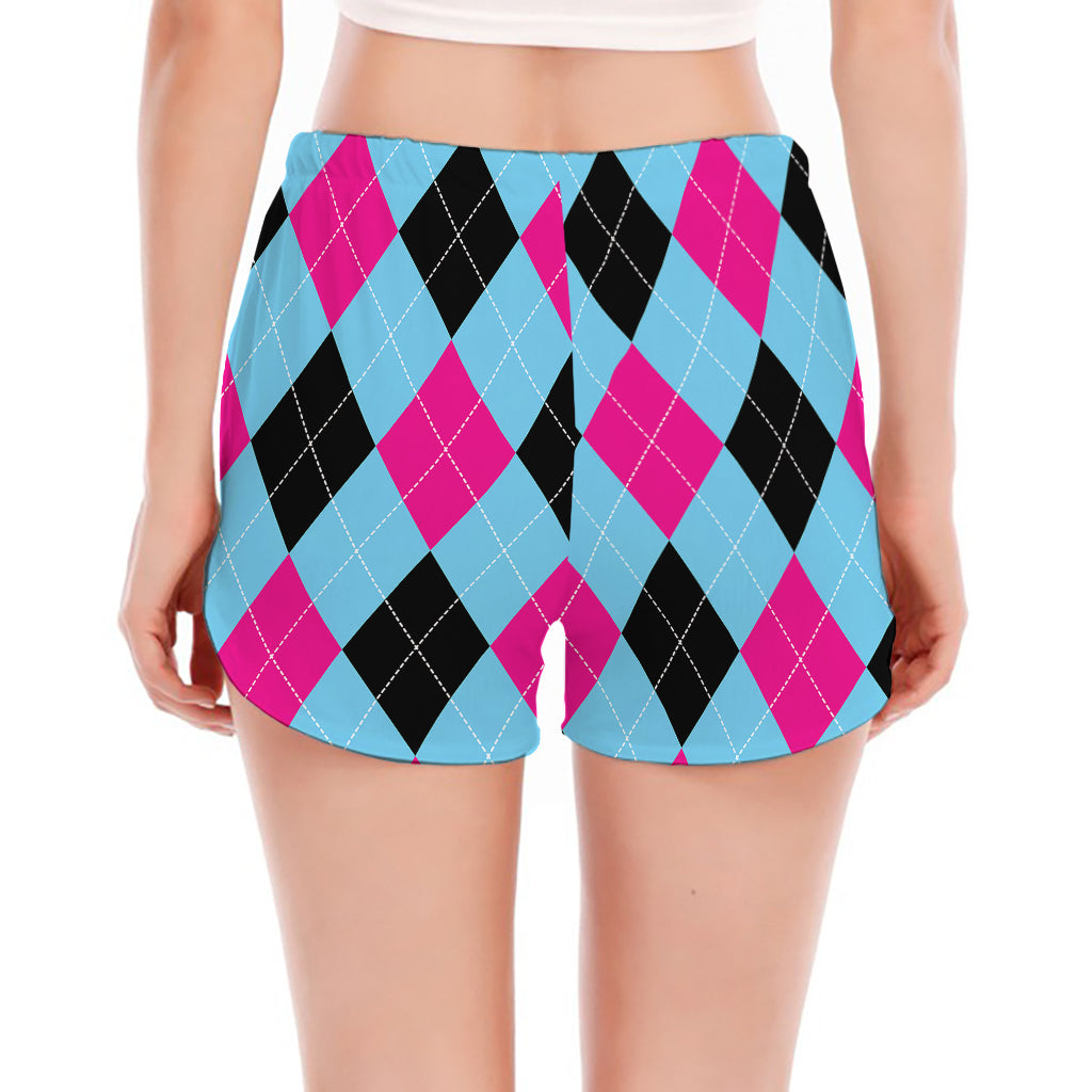 Blue Pink And Black Argyle Pattern Print Women's Split Running Shorts