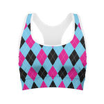 Blue Pink And Black Argyle Pattern Print Women's Sports Bra