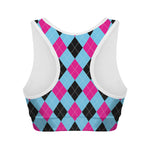 Blue Pink And Black Argyle Pattern Print Women's Sports Bra