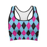 Blue Pink And Black Argyle Pattern Print Women's Sports Bra