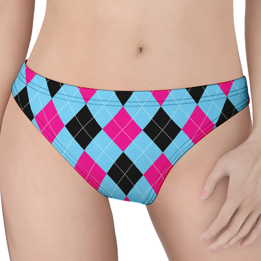 Blue Pink And Black Argyle Pattern Print Women's Thong