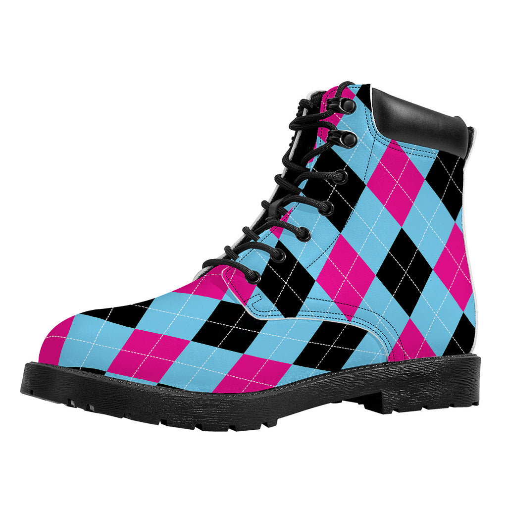 Blue Pink And Black Argyle Pattern Print Work Boots