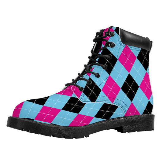 Blue Pink And Black Argyle Pattern Print Work Boots