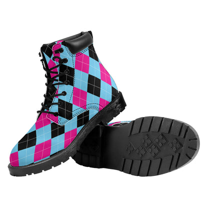 Blue Pink And Black Argyle Pattern Print Work Boots