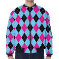 Blue Pink And Black Argyle Pattern Print Zip Sleeve Bomber Jacket