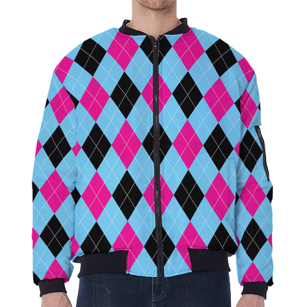 Blue Pink And Black Argyle Pattern Print Zip Sleeve Bomber Jacket