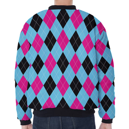 Blue Pink And Black Argyle Pattern Print Zip Sleeve Bomber Jacket