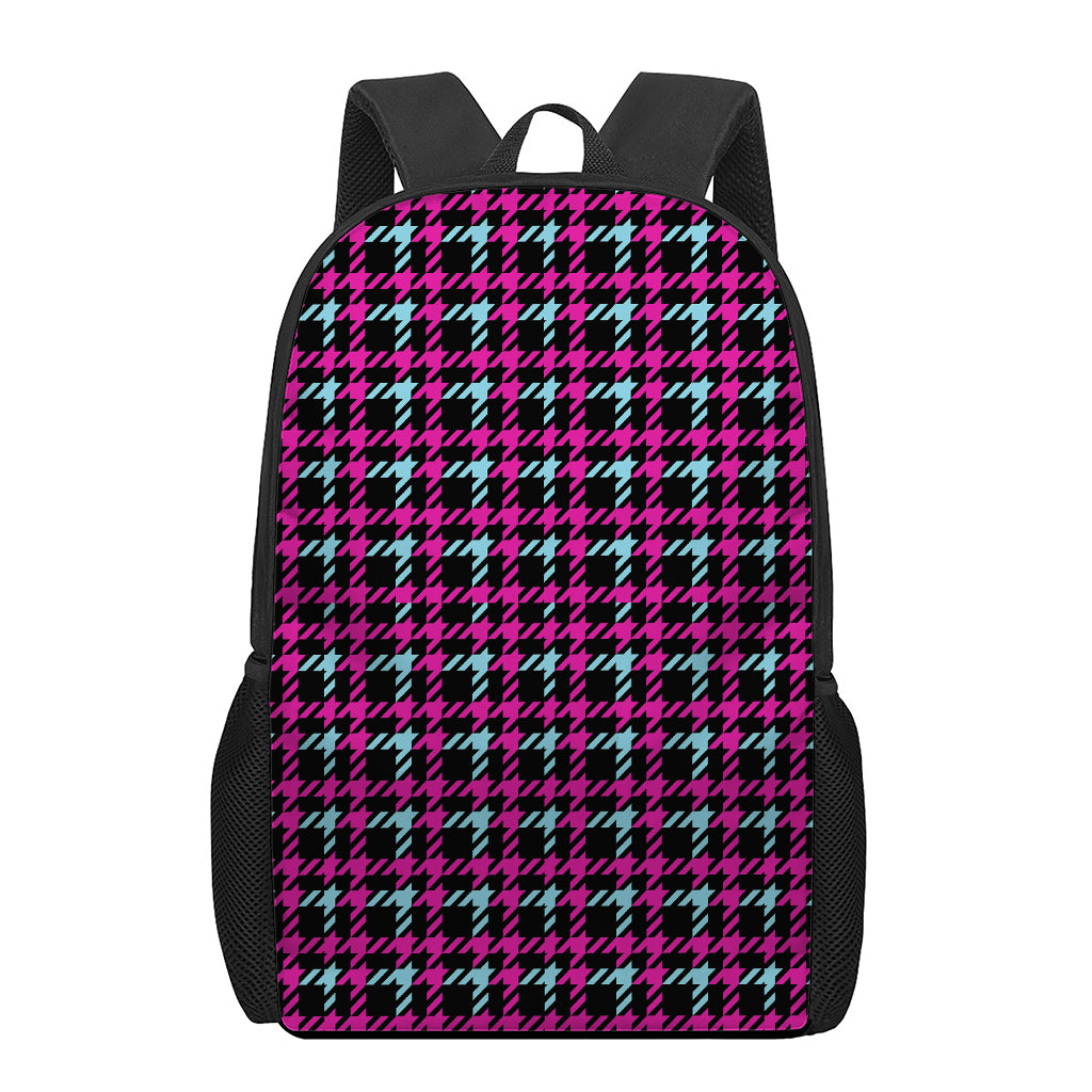 Blue Pink And Black Houndstooth Print 17 Inch Backpack