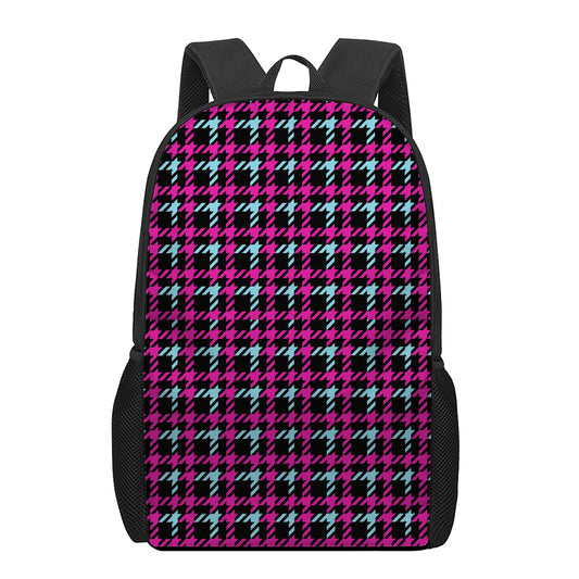 Blue Pink And Black Houndstooth Print 17 Inch Backpack