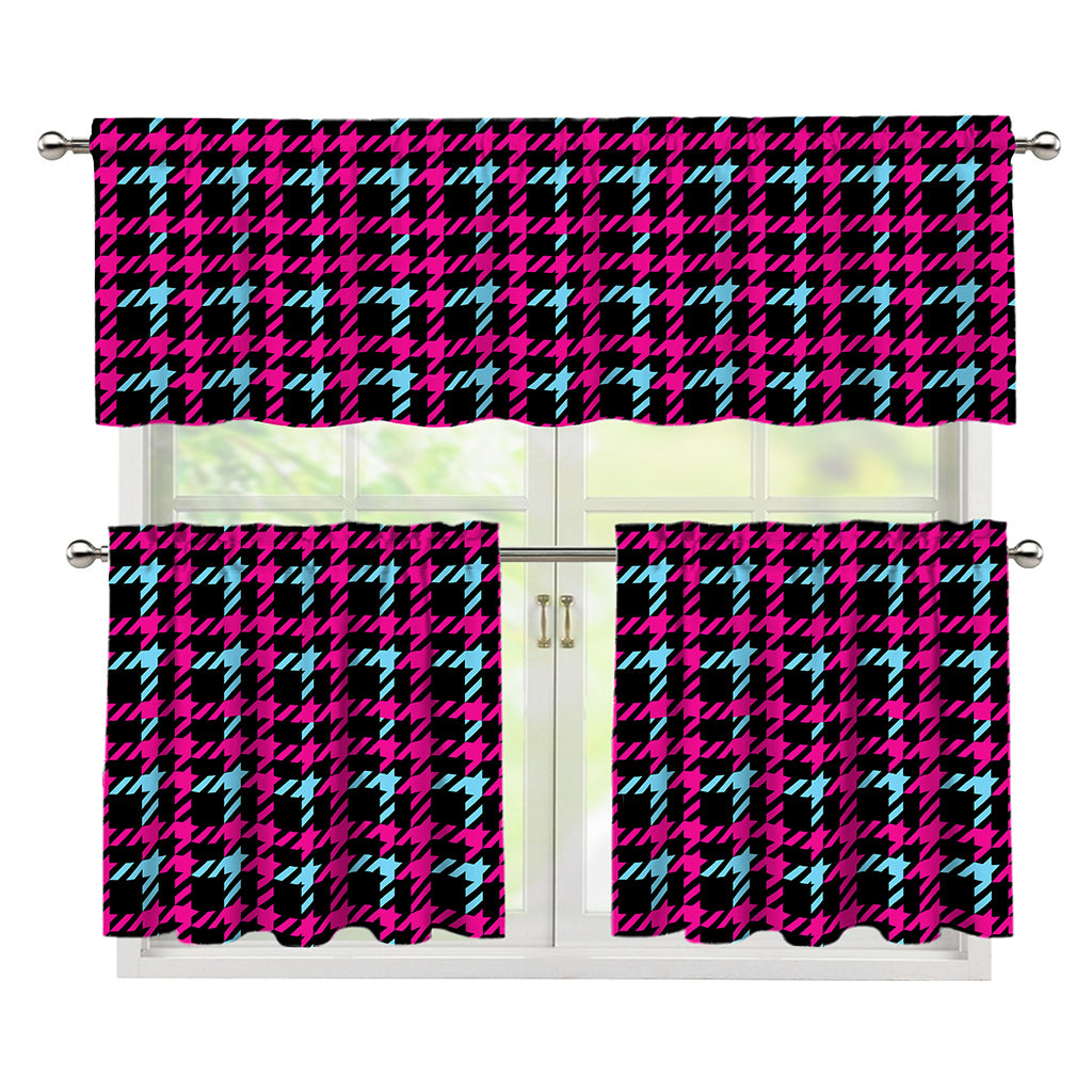 Blue Pink And Black Houndstooth Print 3 Piece Kitchen Curtains