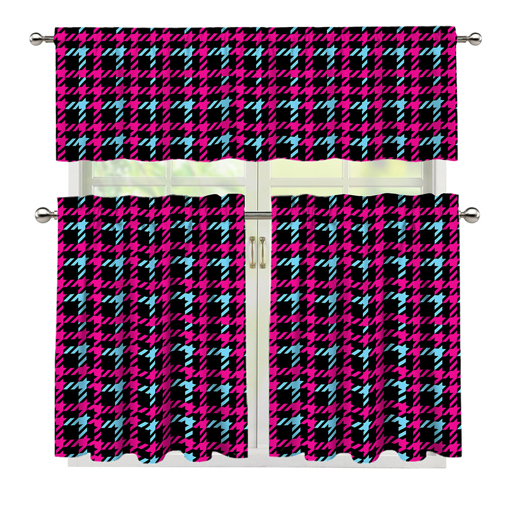 Blue Pink And Black Houndstooth Print 3 Piece Kitchen Curtains