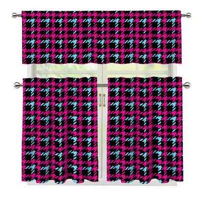 Blue Pink And Black Houndstooth Print 3 Piece Kitchen Curtains
