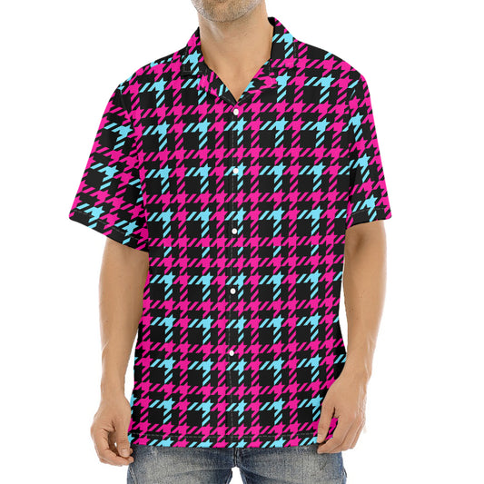 Blue Pink And Black Houndstooth Print Aloha Shirt
