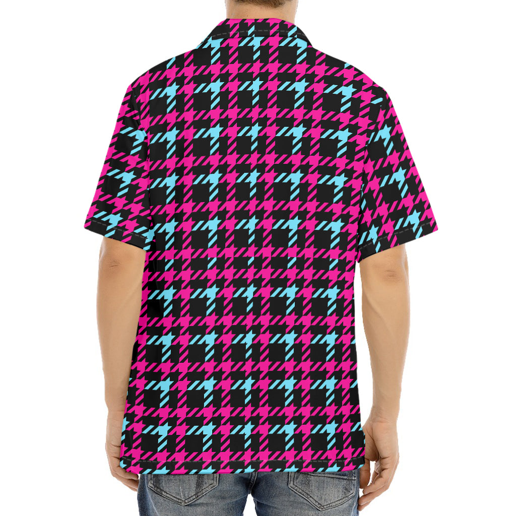 Blue Pink And Black Houndstooth Print Aloha Shirt