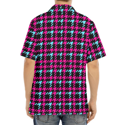 Blue Pink And Black Houndstooth Print Aloha Shirt