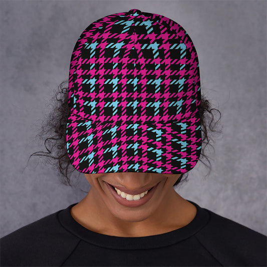 Blue Pink And Black Houndstooth Print Baseball Cap