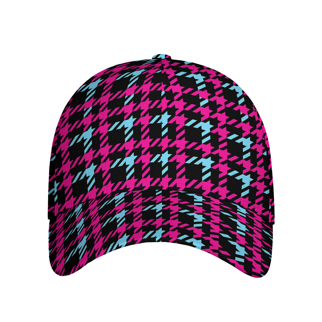 Blue Pink And Black Houndstooth Print Baseball Cap