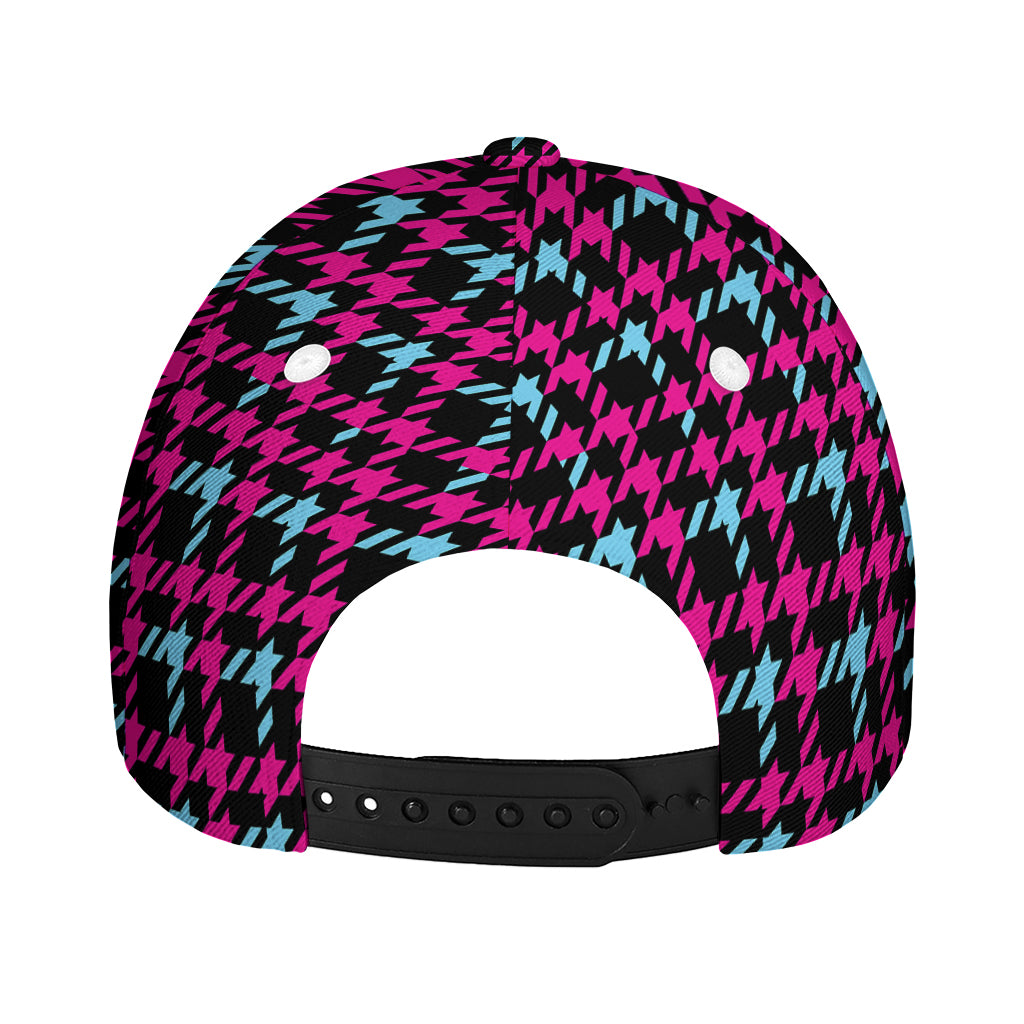 Blue Pink And Black Houndstooth Print Baseball Cap