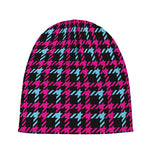 Blue Pink And Black Houndstooth Print Beanie