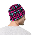 Blue Pink And Black Houndstooth Print Beanie