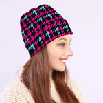 Blue Pink And Black Houndstooth Print Beanie