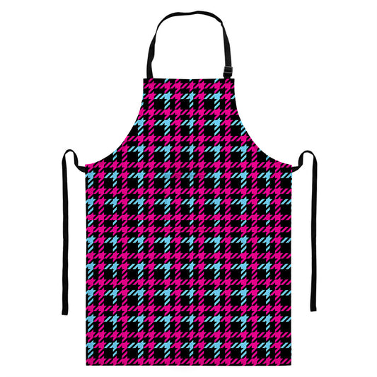 Blue Pink And Black Houndstooth Print Bib Apron With Pocket