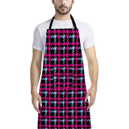 Blue Pink And Black Houndstooth Print Bib Apron With Pocket