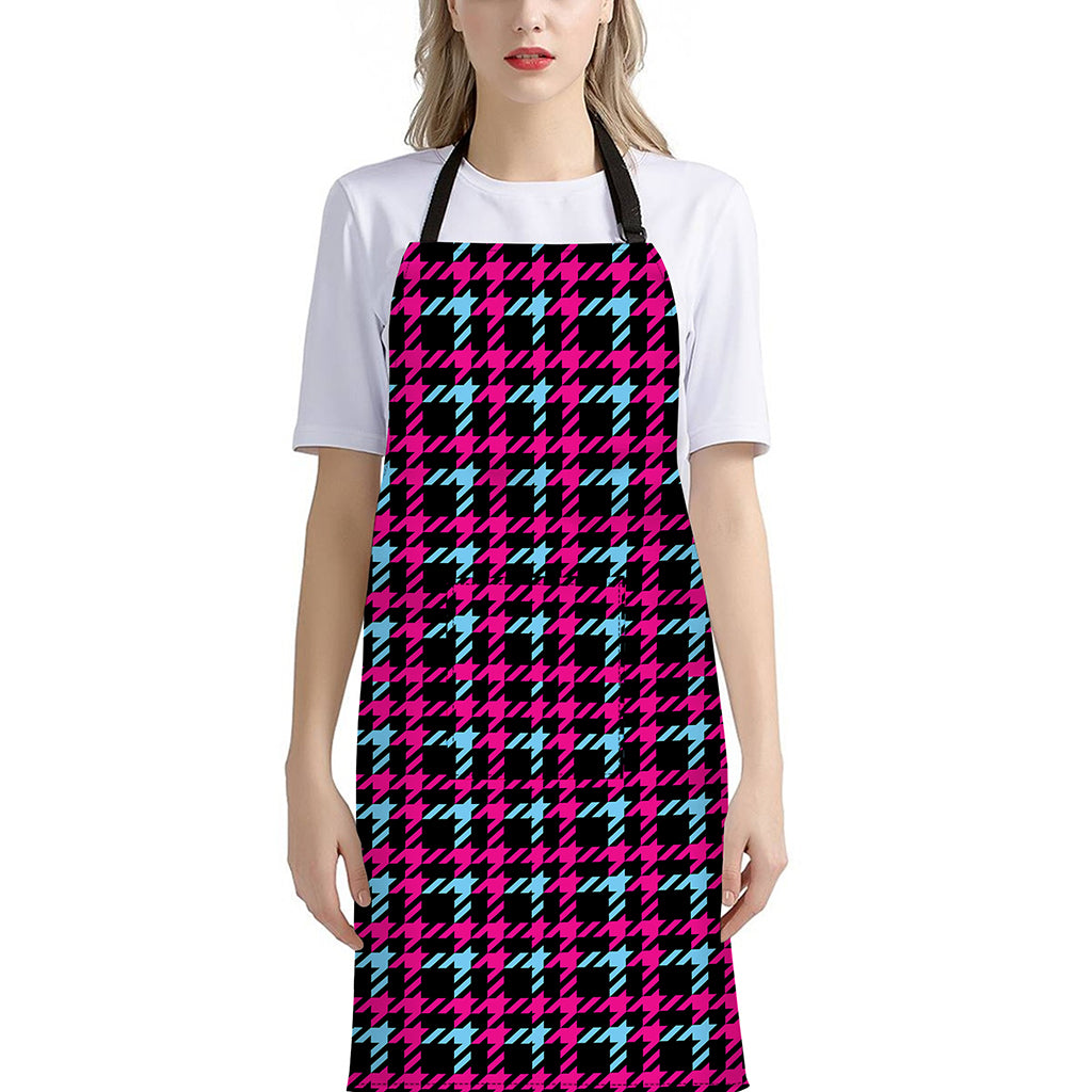 Blue Pink And Black Houndstooth Print Bib Apron With Pocket