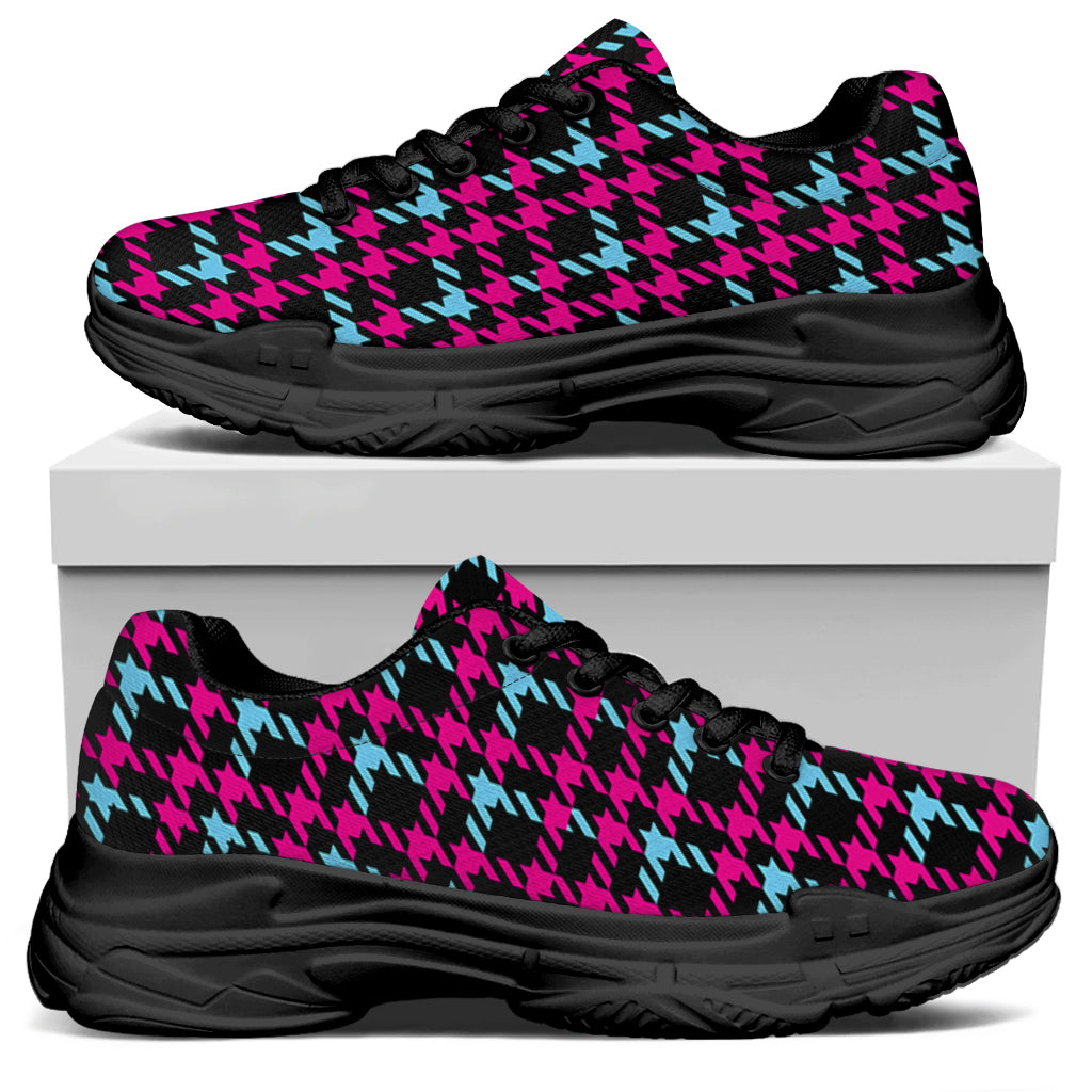 Blue Pink And Black Houndstooth Print Black Chunky Shoes
