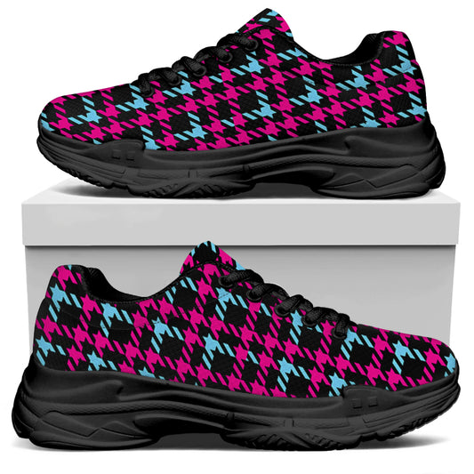 Blue Pink And Black Houndstooth Print Black Chunky Shoes