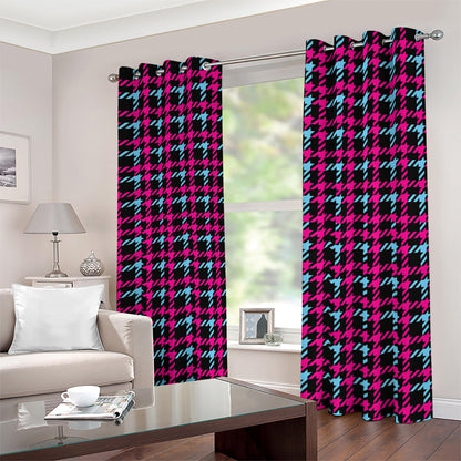 Blue Pink And Black Houndstooth Print Blackout Grommet Curtains