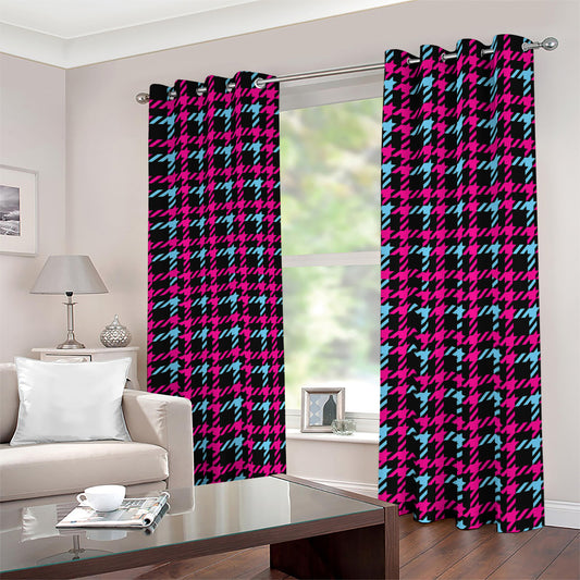 Blue Pink And Black Houndstooth Print Blackout Grommet Curtains