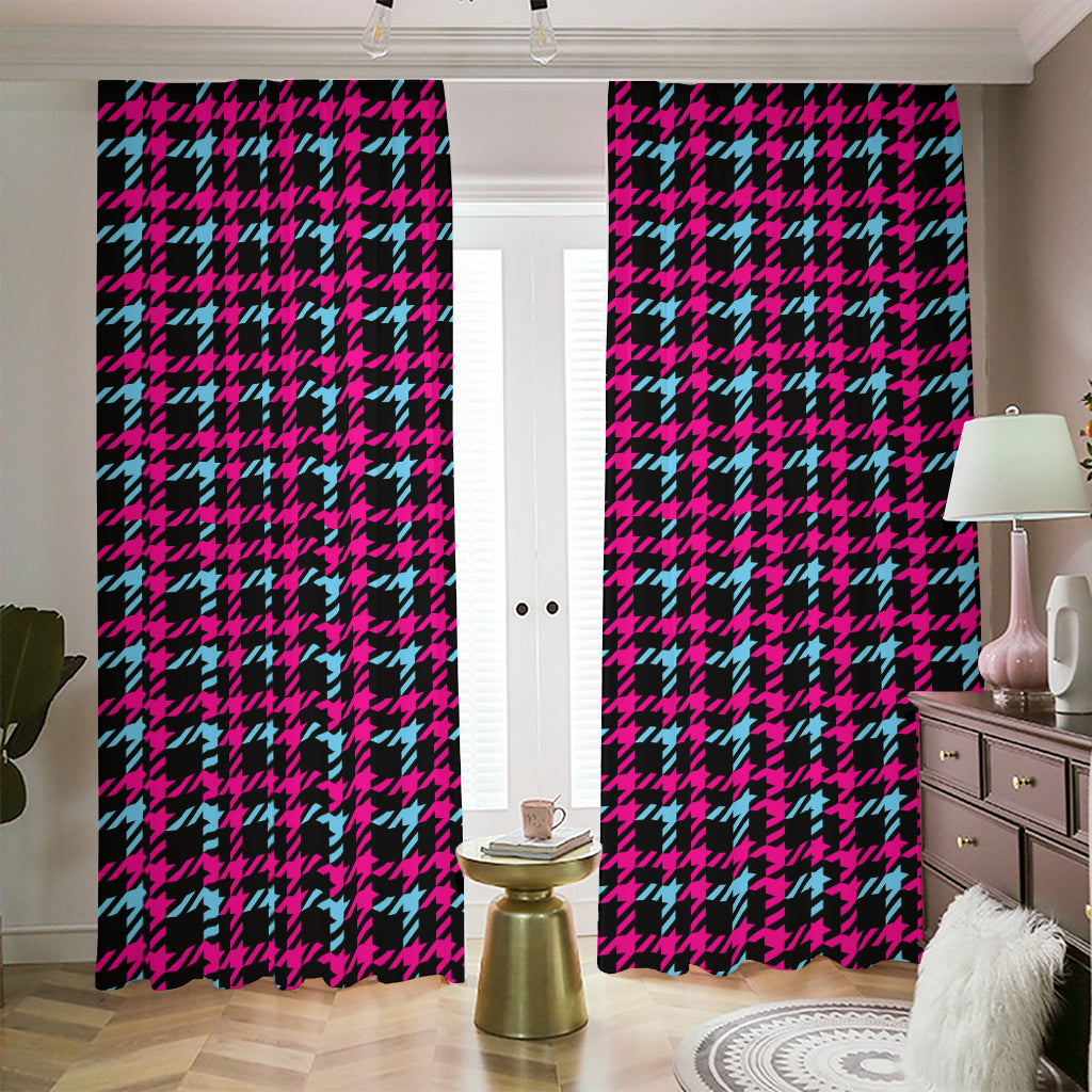 Blue Pink And Black Houndstooth Print Blackout Pencil Pleat Curtains