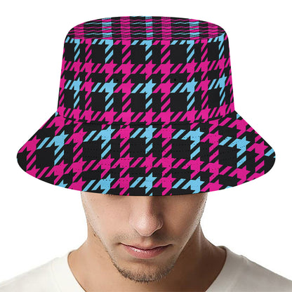 Blue Pink And Black Houndstooth Print Bucket Hat