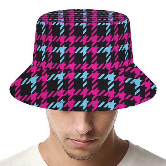 Blue Pink And Black Houndstooth Print Bucket Hat