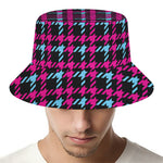 Blue Pink And Black Houndstooth Print Bucket Hat
